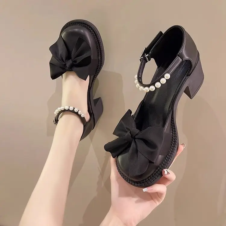 Toe Bow Sandals Women's 2024 Summer New All-match Retro Thick Heel Shoes Non-slip Mary Jane Leather Shoes - Image 5