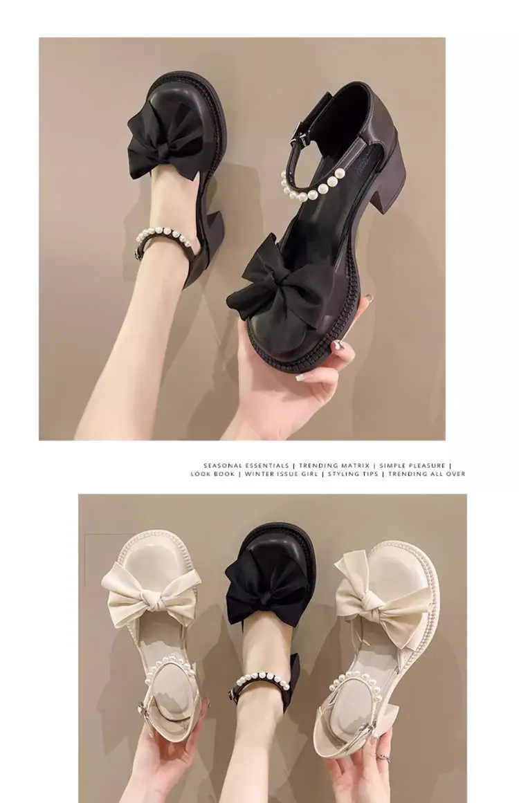 Toe Bow Sandals Women's 2024 Summer New All-match Retro Thick Heel Shoes Non-slip Mary Jane Leather Shoes — feature 10