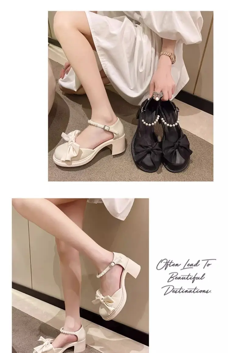 Toe Bow Sandals Women's 2024 Summer New All-match Retro Thick Heel Shoes Non-slip Mary Jane Leather Shoes — feature 11