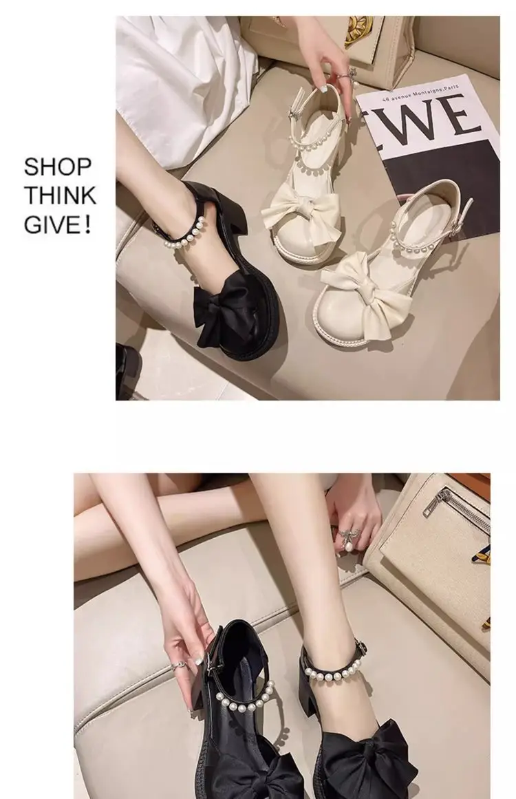 Toe Bow Sandals Women's 2024 Summer New All-match Retro Thick Heel Shoes Non-slip Mary Jane Leather Shoes — feature 4