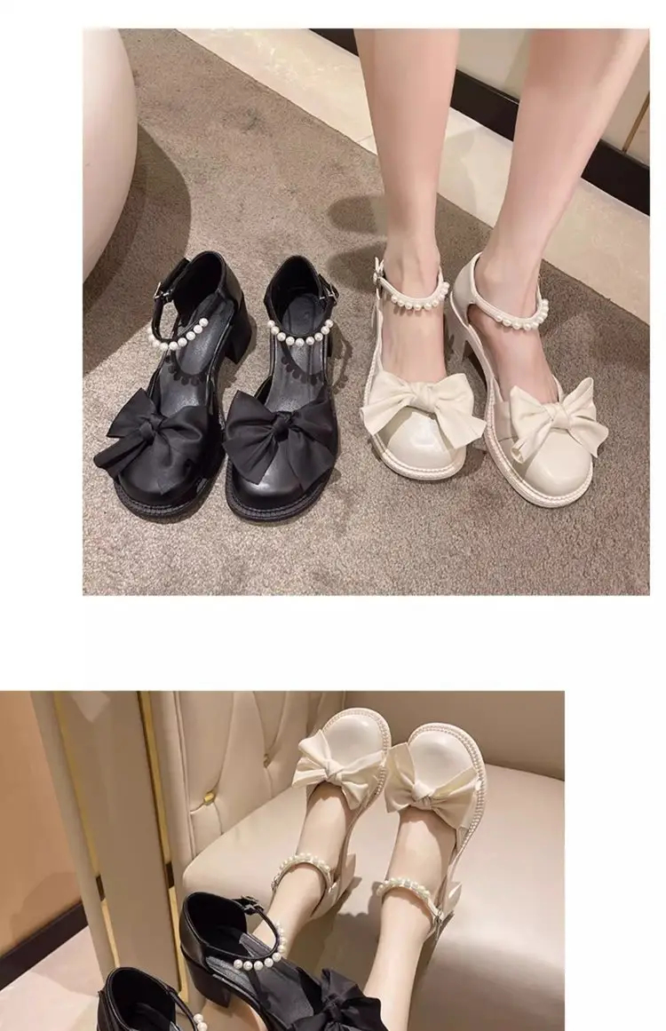 Toe Bow Sandals Women's 2024 Summer New All-match Retro Thick Heel Shoes Non-slip Mary Jane Leather Shoes — feature 5