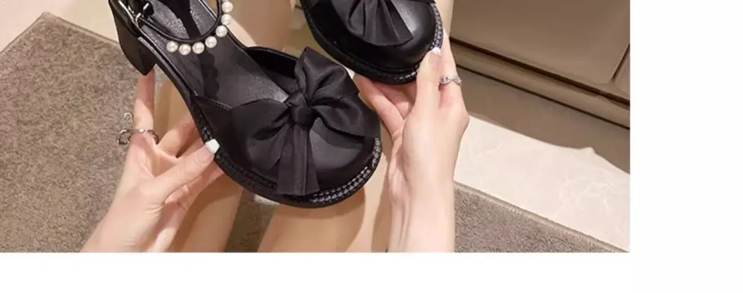 Toe Bow Sandals Women's 2024 Summer New All-match Retro Thick Heel Shoes Non-slip Mary Jane Leather Shoes — feature 6