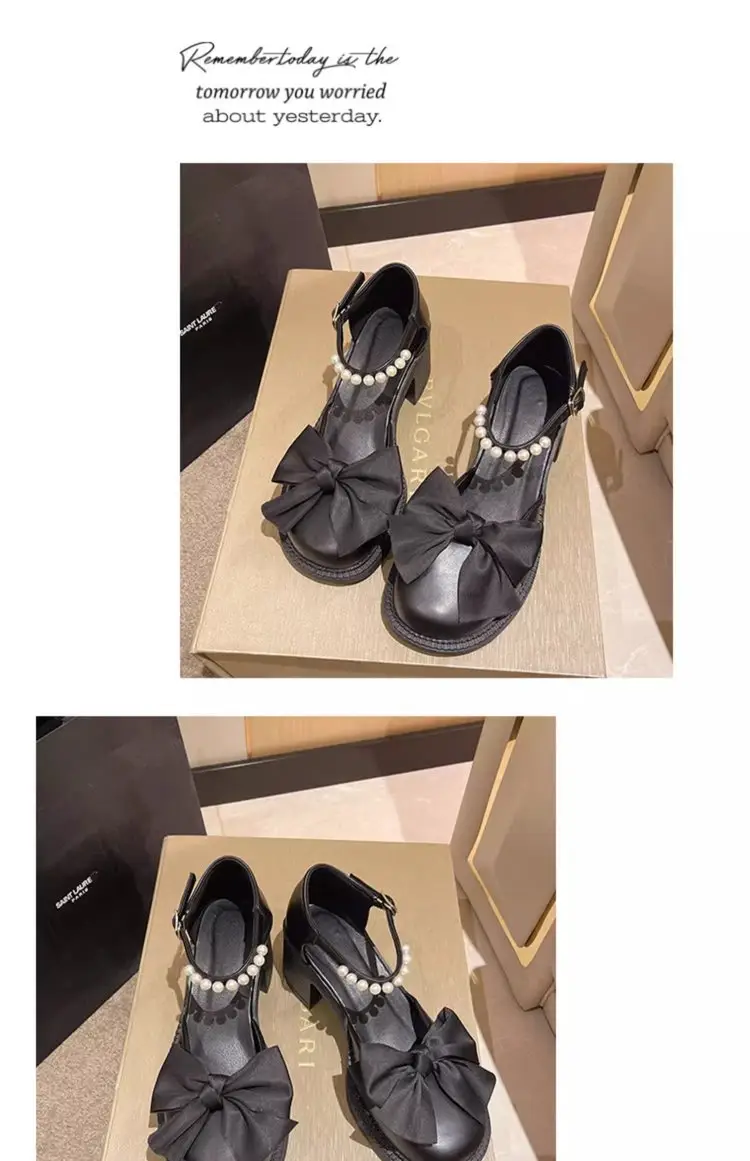 Toe Bow Sandals Women's 2024 Summer New All-match Retro Thick Heel Shoes Non-slip Mary Jane Leather Shoes — feature 7