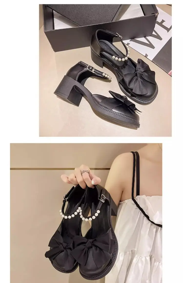 Toe Bow Sandals Women's 2024 Summer New All-match Retro Thick Heel Shoes Non-slip Mary Jane Leather Shoes — feature 8