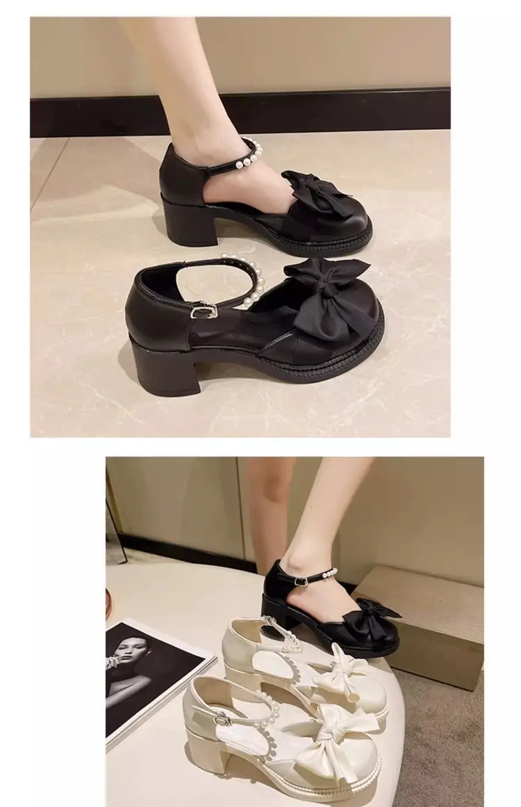 Toe Bow Sandals Women's 2024 Summer New All-match Retro Thick Heel Shoes Non-slip Mary Jane Leather Shoes — feature 9