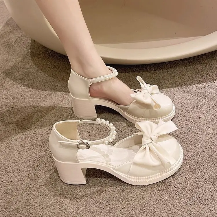 Toe Bow Sandals Women's 2024 Summer New All-match Retro Thick Heel Shoes Non-slip Mary Jane Leather Shoes - Image 2