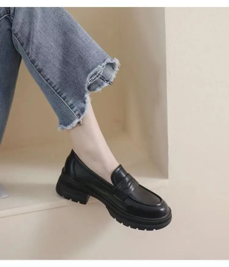 Thick-soled Loafers Women's 2024 New Spring Retro Small Leather Shoes British Style Slip-on Thick Heeled Soft-soled Single-layer Shoes for Women — feature 12
