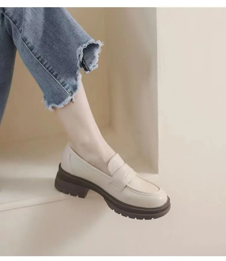 Thick-soled Loafers Women's 2024 New Spring Retro Small Leather Shoes British Style Slip-on Thick Heeled Soft-soled Single-layer Shoes for Women — feature 8