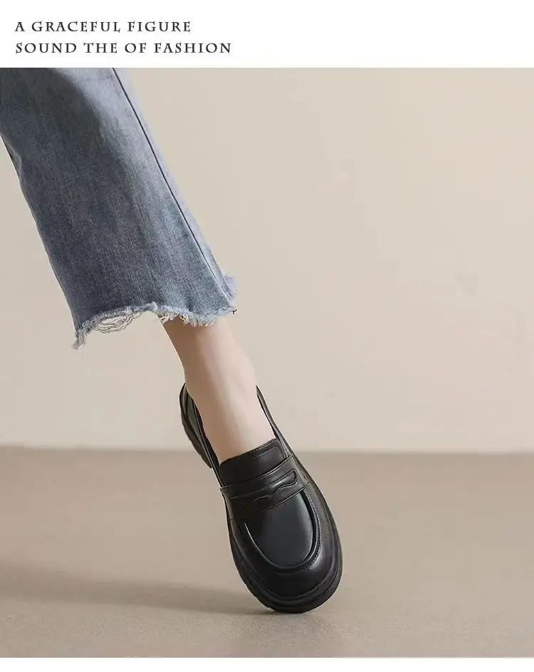 Thick-soled Loafers Women's 2024 New Spring Retro Small Leather Shoes British Style Slip-on Thick Heeled Soft-soled Single-layer Shoes for Women — feature 9