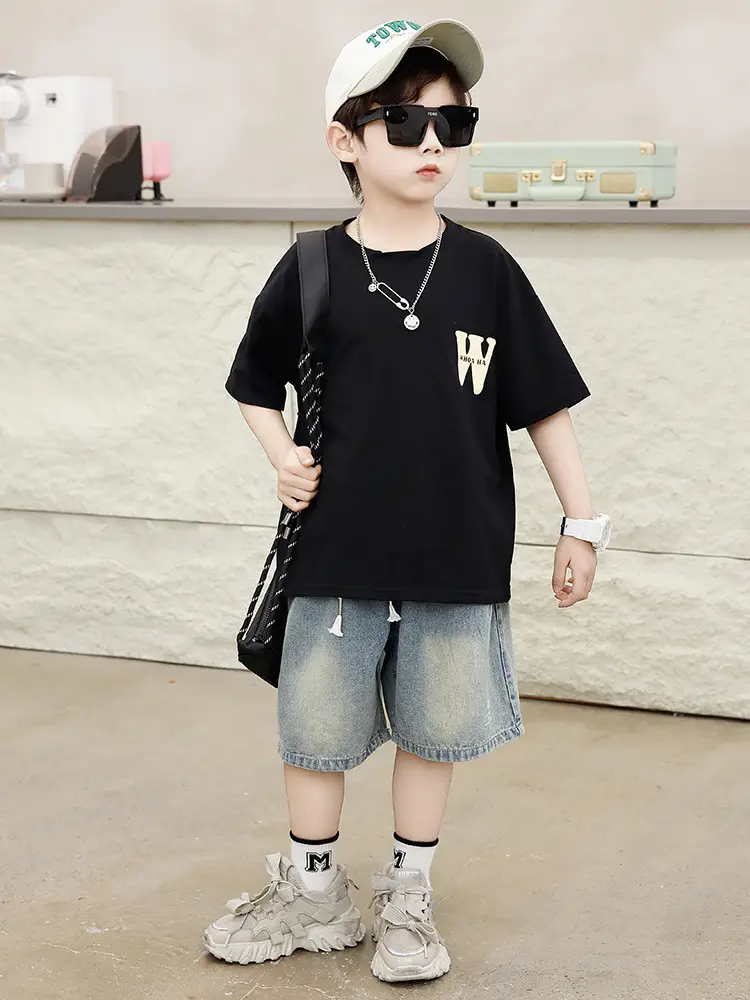 Children's Black T-Shirt Shorts Set Summer Casual Wear — feature 18