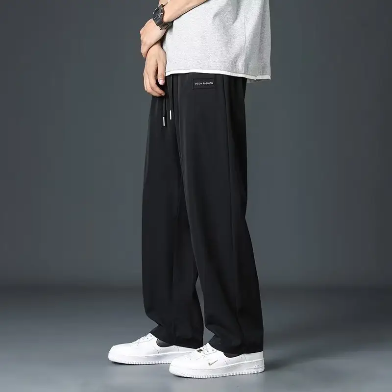 Men Loose Fit Ice Silk Straight Tube Pants Grey - Image 5