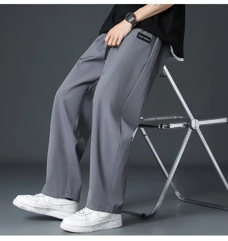 Men Loose Fit Ice Silk Straight Tube Pants Grey — feature 16