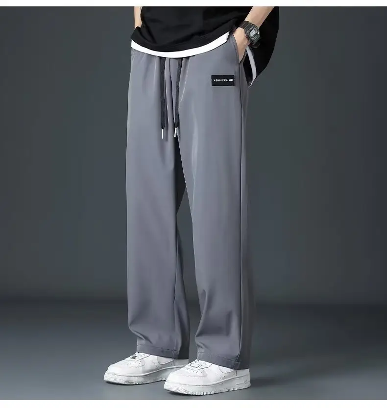 Men Loose Fit Ice Silk Straight Tube Pants Grey - Image 2