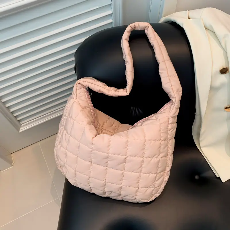 Women's Beige Quilted Shoulder Bag Large Capacity - Image 4