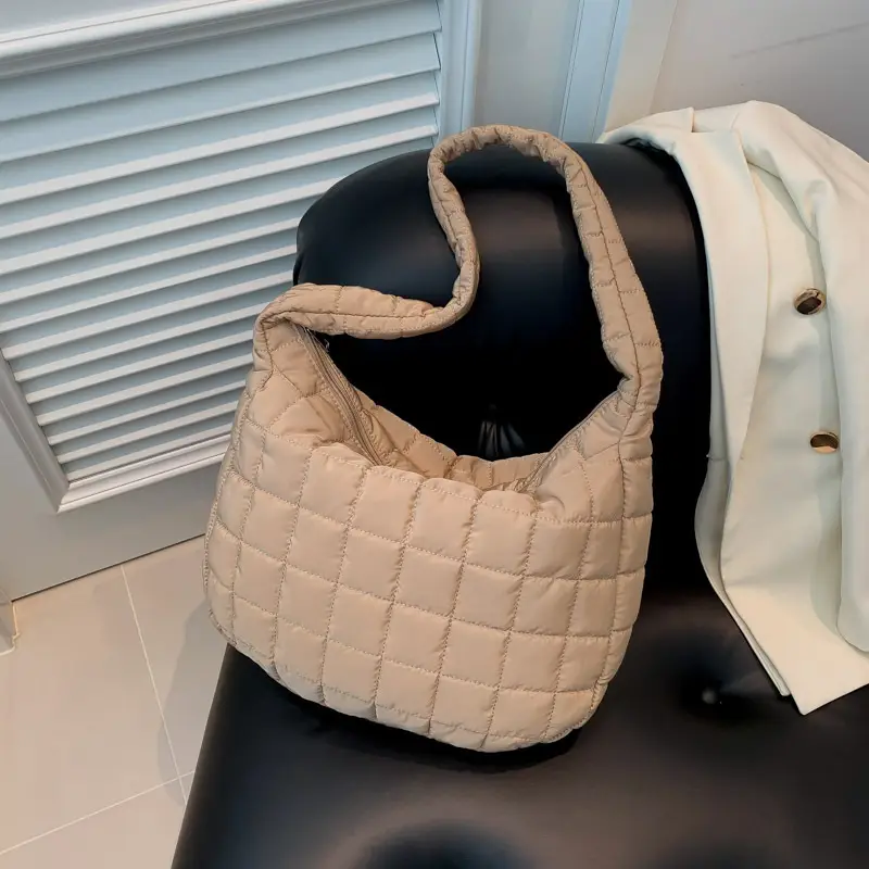Women's Beige Quilted Shoulder Bag Large Capacity - Image 5