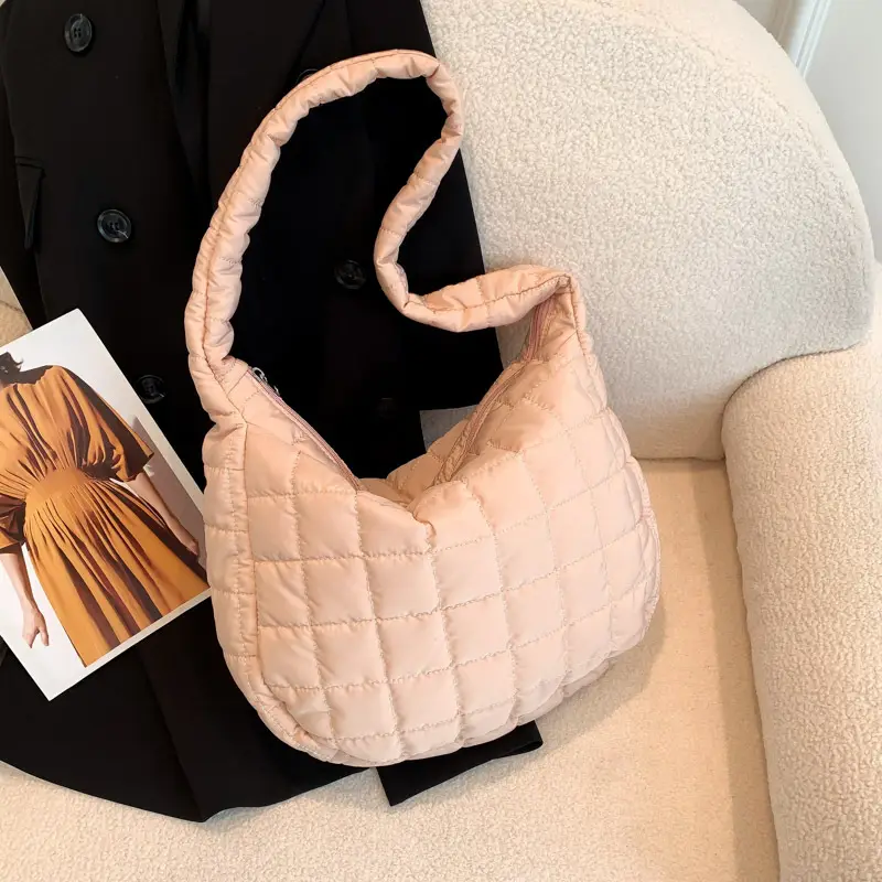 Women's Beige Quilted Shoulder Bag Large Capacity - Image 2