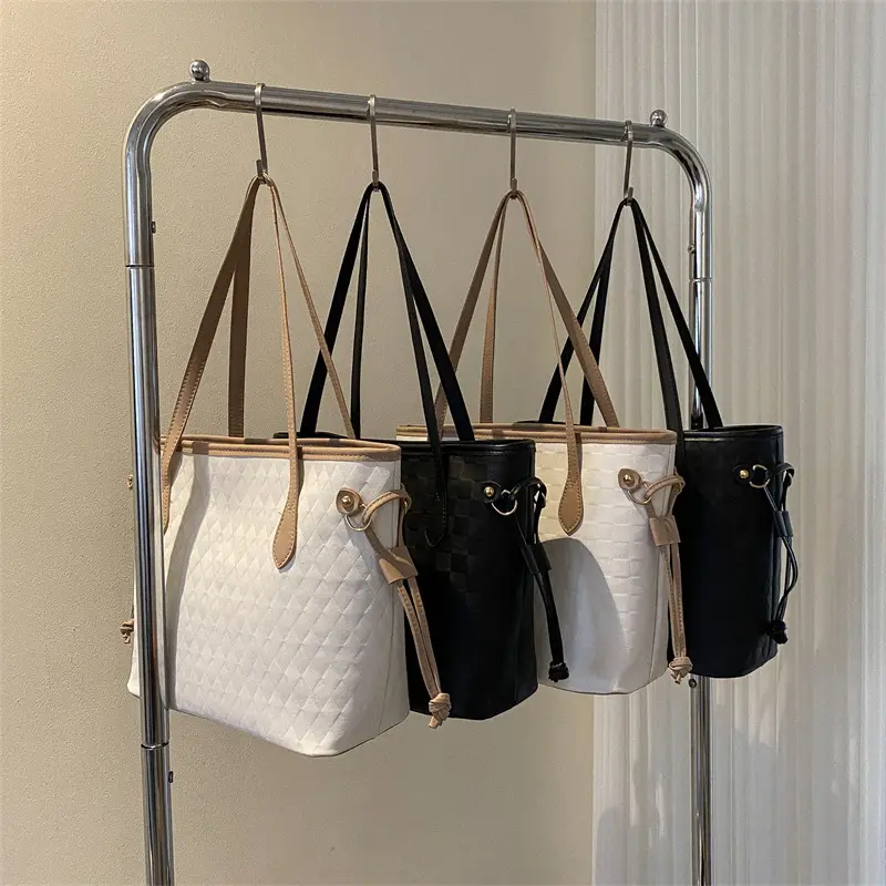 White Rhombic Women's Tote Bag with Leather Handles - Image 8
