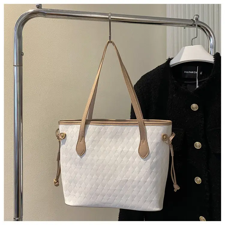 White Rhombic Women's Tote Bag with Leather Handles — feature 24