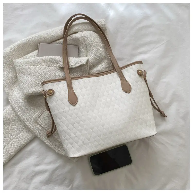 White Rhombic Women's Tote Bag with Leather Handles — feature 8