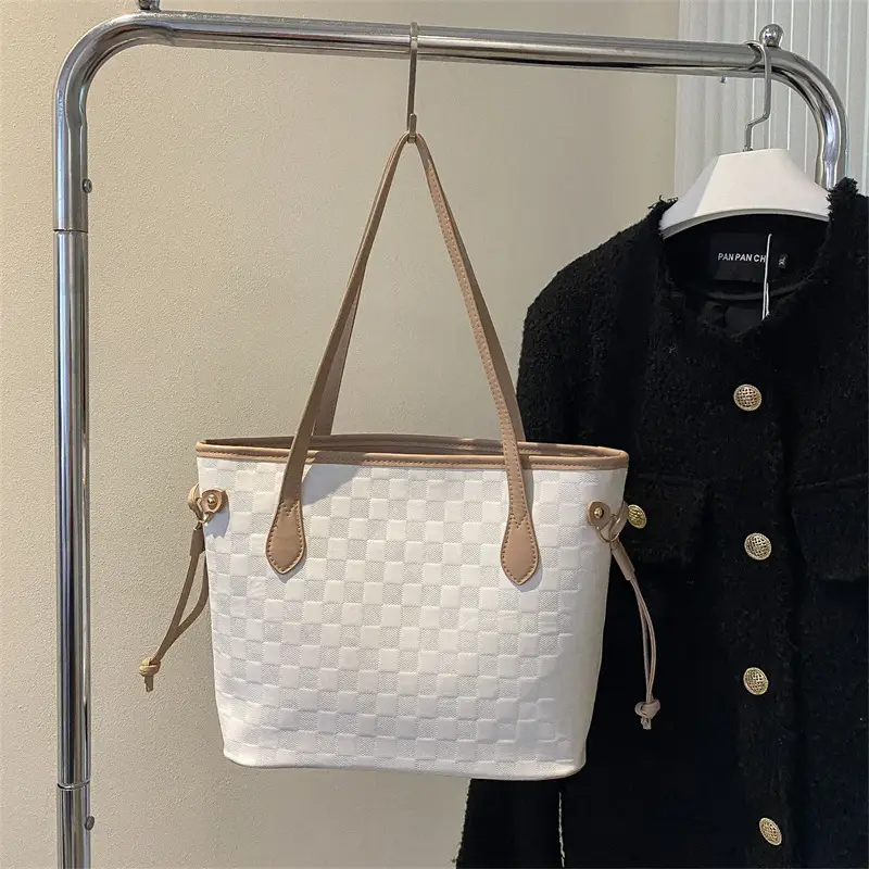 White Rhombic Women's Tote Bag with Leather Handles - Image 2