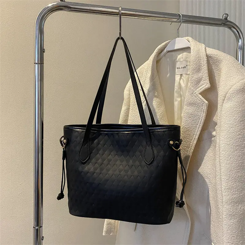 White Rhombic Women's Tote Bag with Leather Handles - Image 3