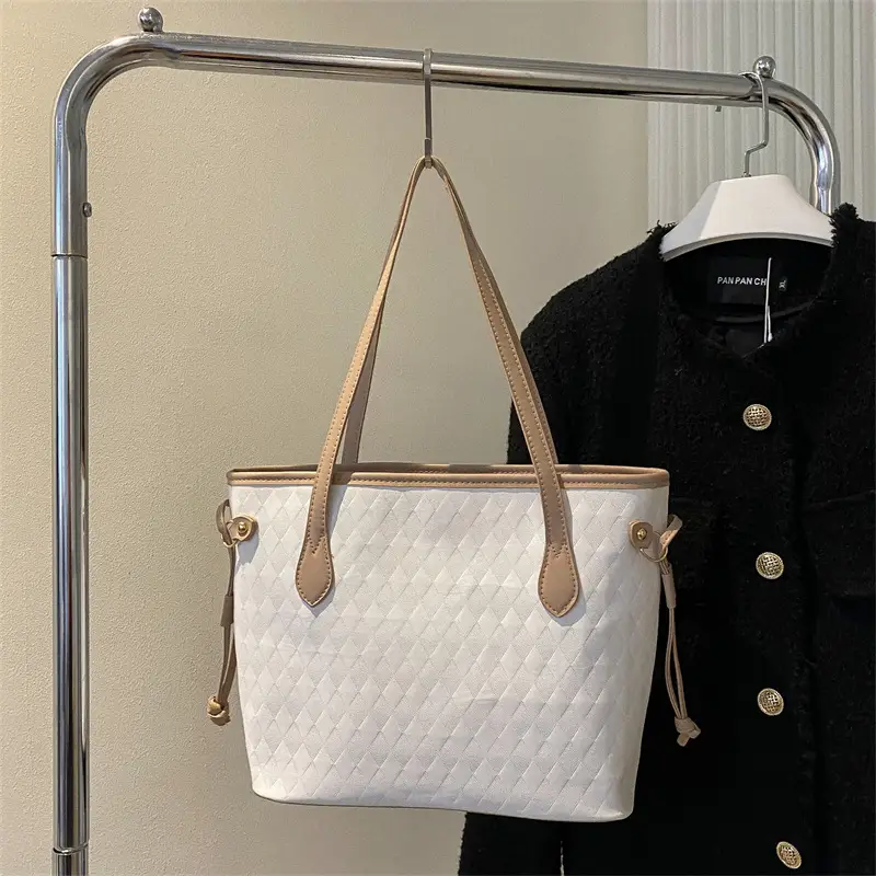 White Rhombic Women's Tote Bag with Leather Handles - Image 4