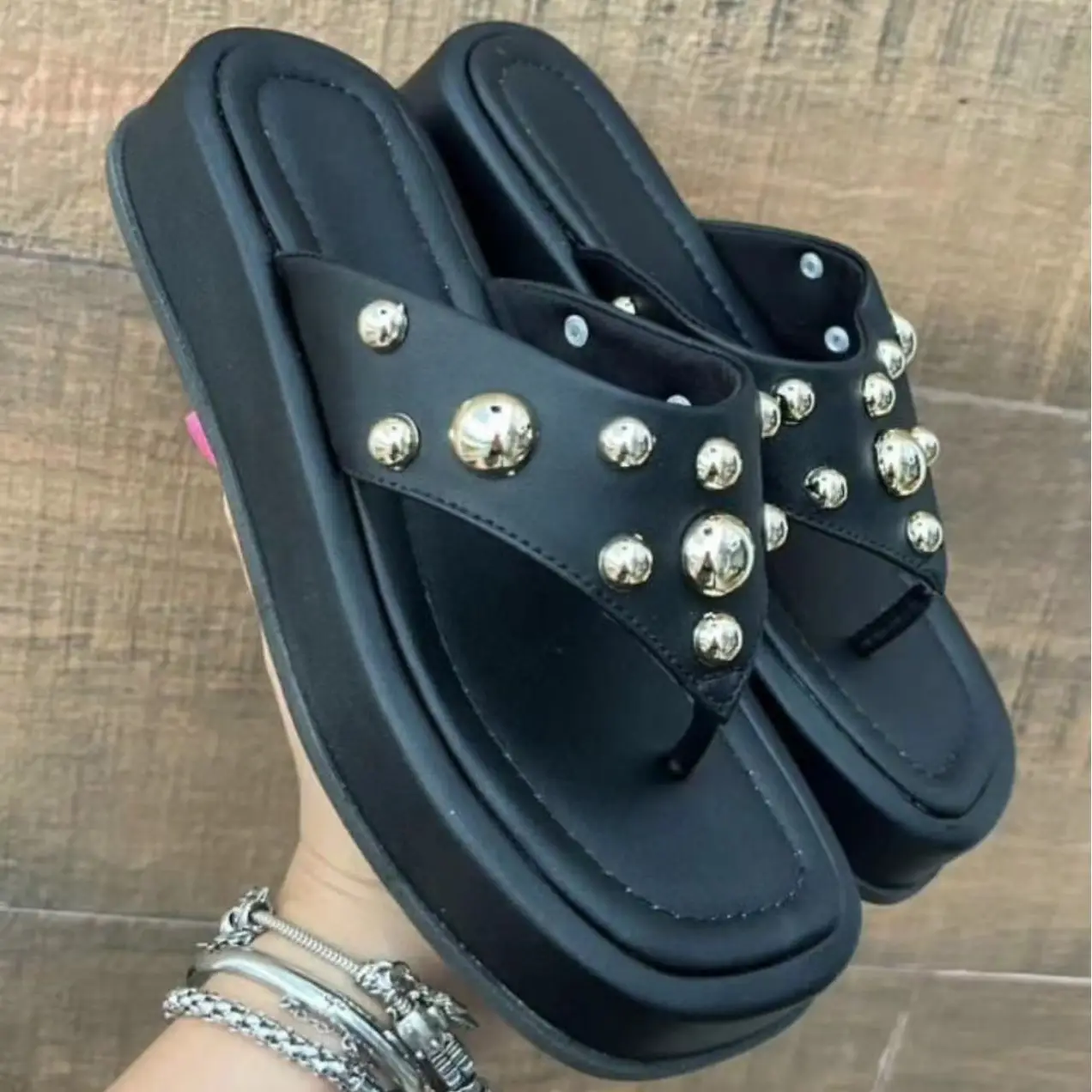 Women's Silver Rivet Flip Flops Large Square Toe Sandals