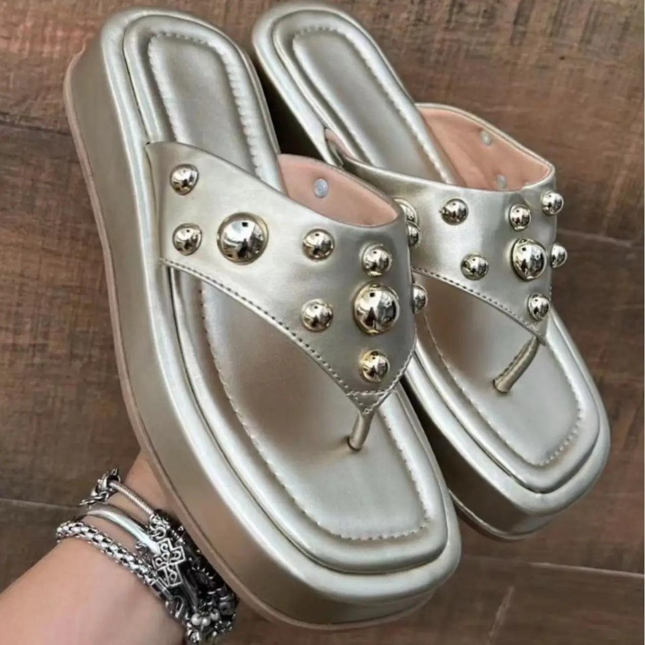 Women's Silver Rivet Flip Flops Large Square Toe Sandals