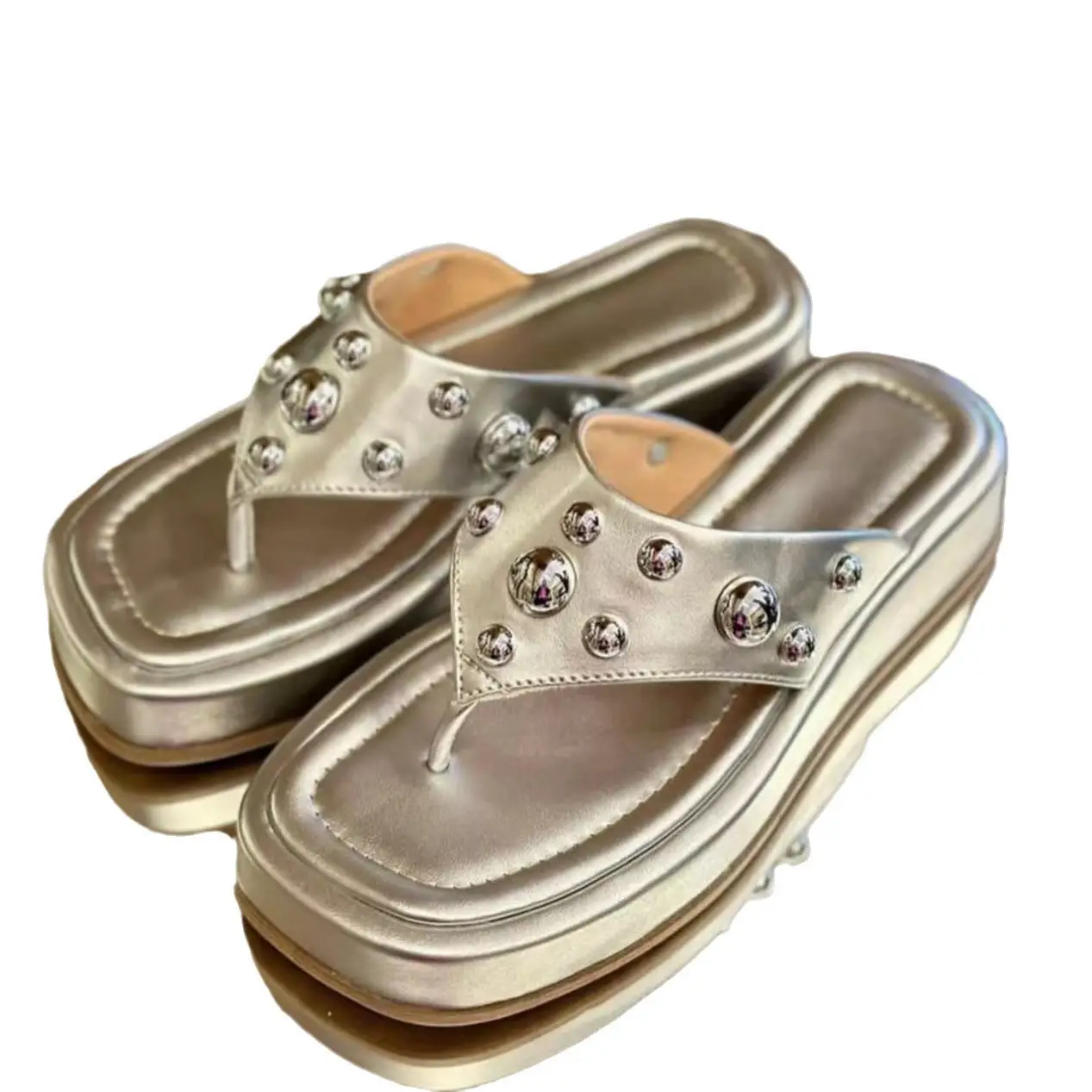 Women's Silver Rivet Flip Flops Large Square Toe Sandals