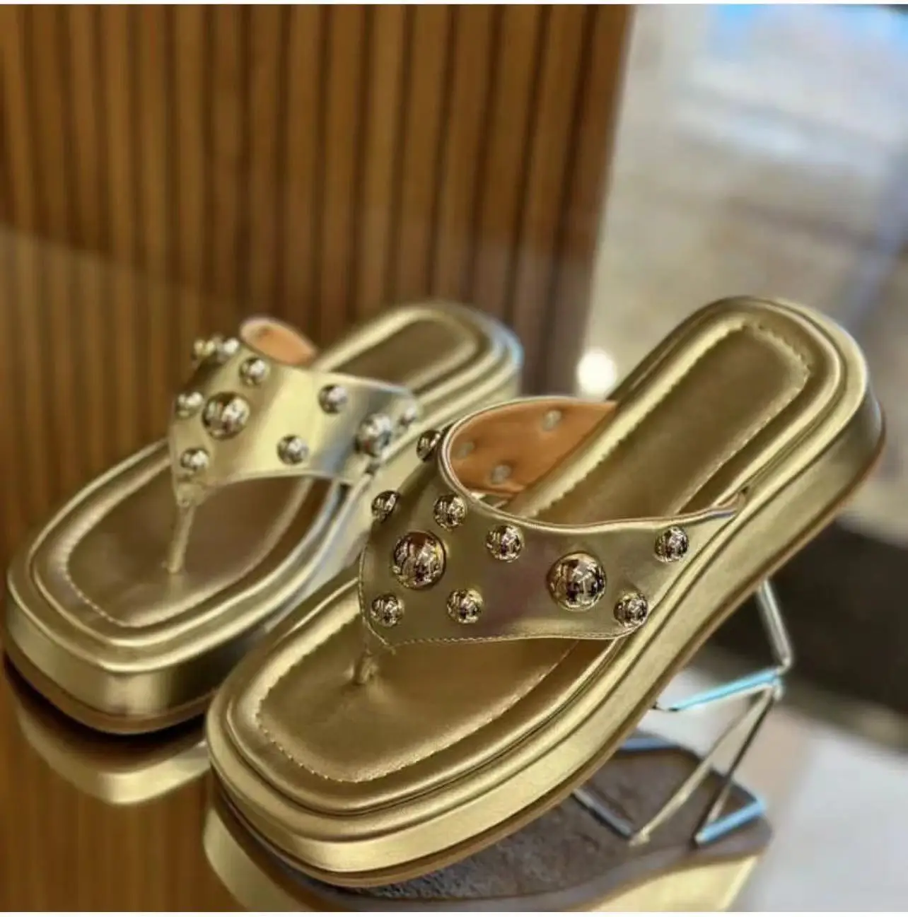 Women's Silver Rivet Flip Flops Large Square Toe Sandals — feature 3