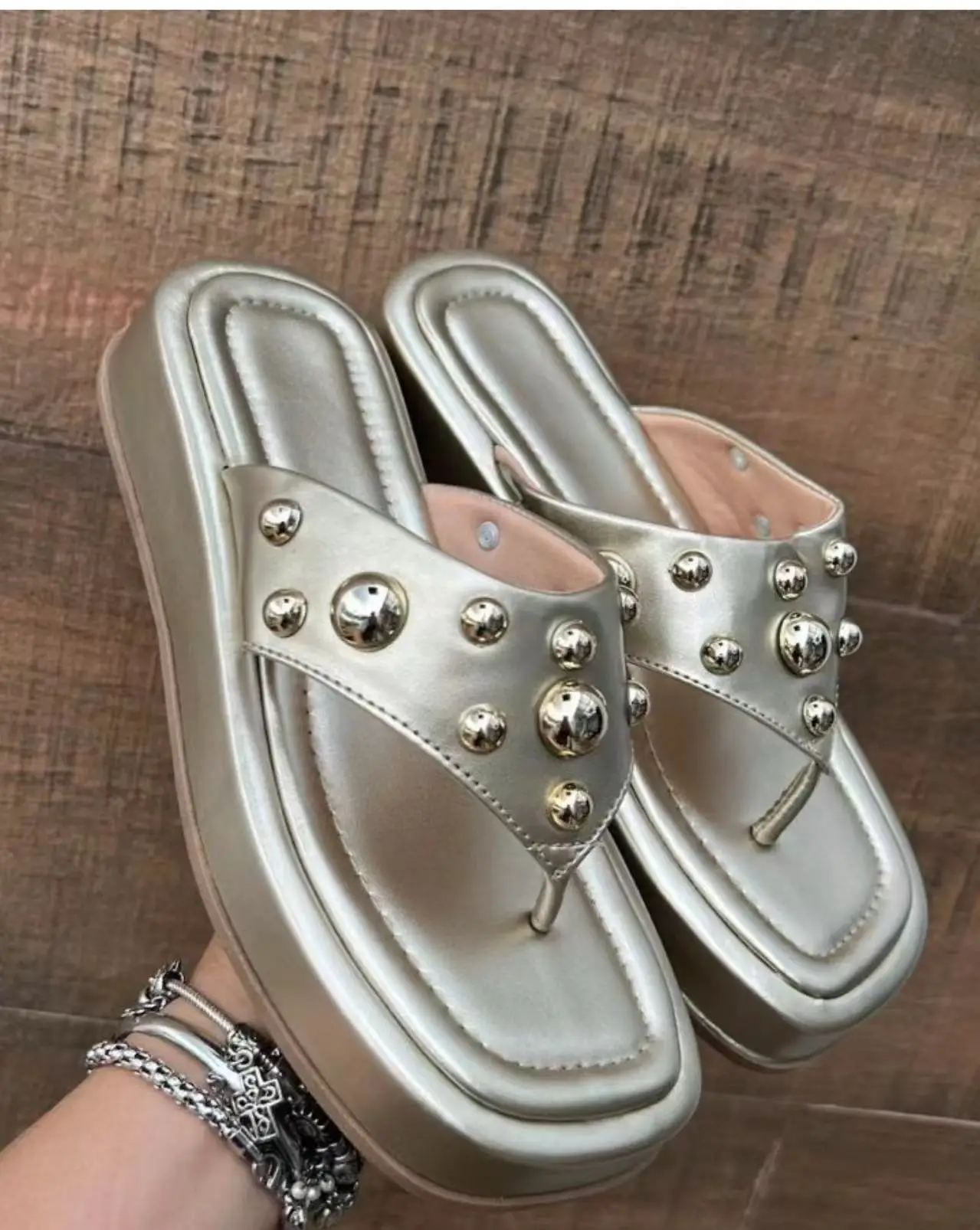Women's Silver Rivet Flip Flops Large Square Toe Sandals — feature 5