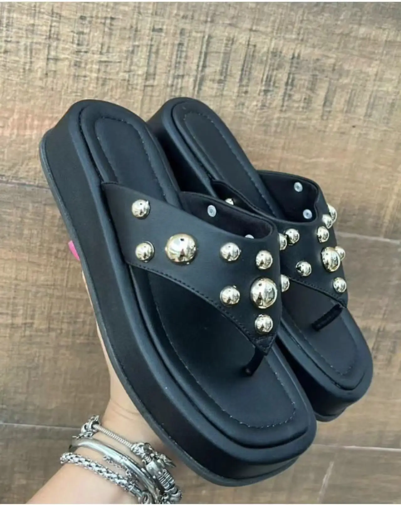 Women's Silver Rivet Flip Flops Large Square Toe Sandals — feature 6