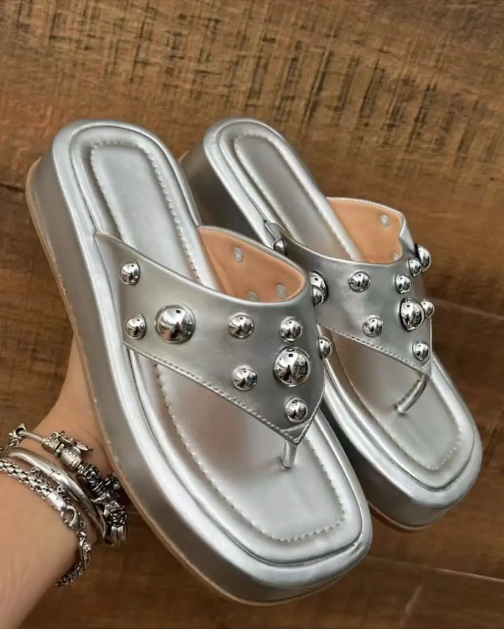 Women's Silver Rivet Flip Flops Large Square Toe Sandals — feature 7