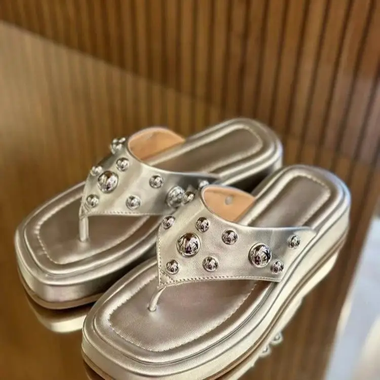 Women's Silver Rivet Flip Flops Large Square Toe Sandals