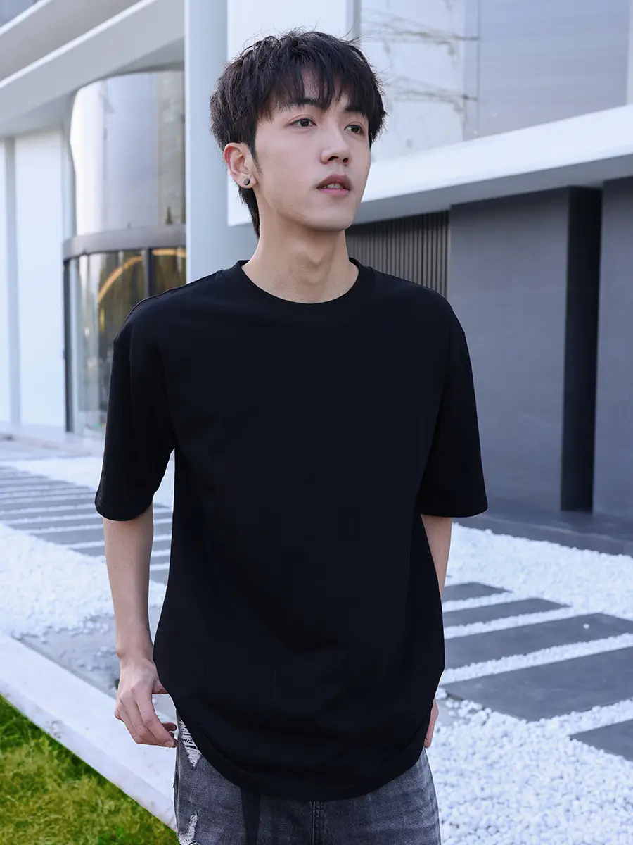 Men Black Cotton T-Shirt 2025 Summer Youth