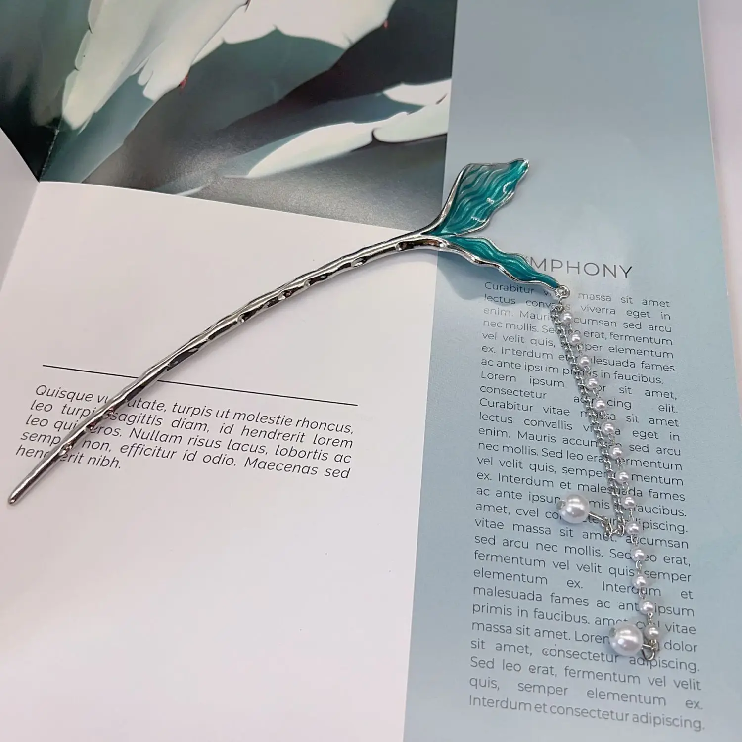 Chinese-style Blue Fish Tail Hairpin with Pearl Drop - Image 5