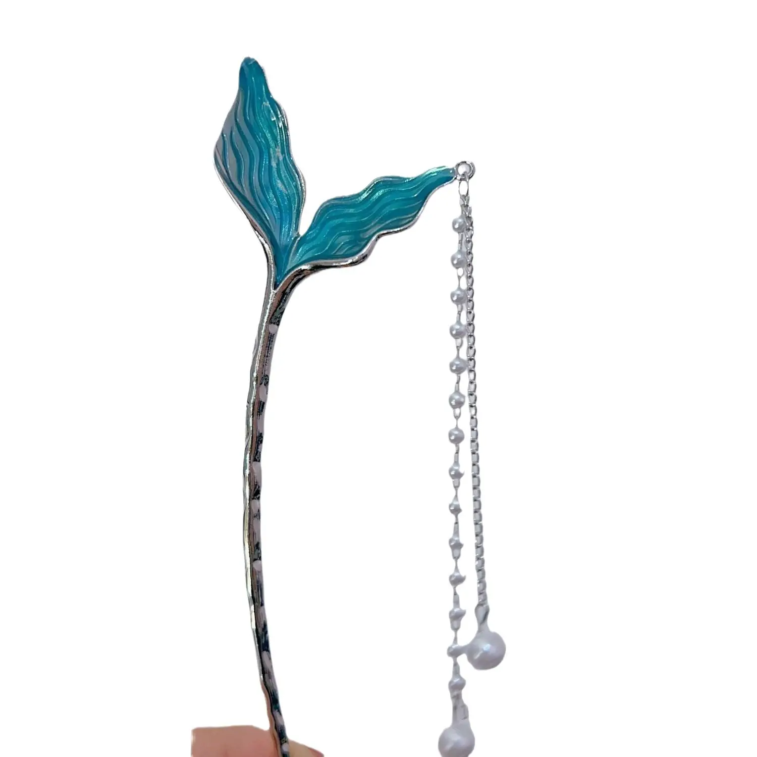 Chinese-style Blue Fish Tail Hairpin with Pearl Drop - Image 7
