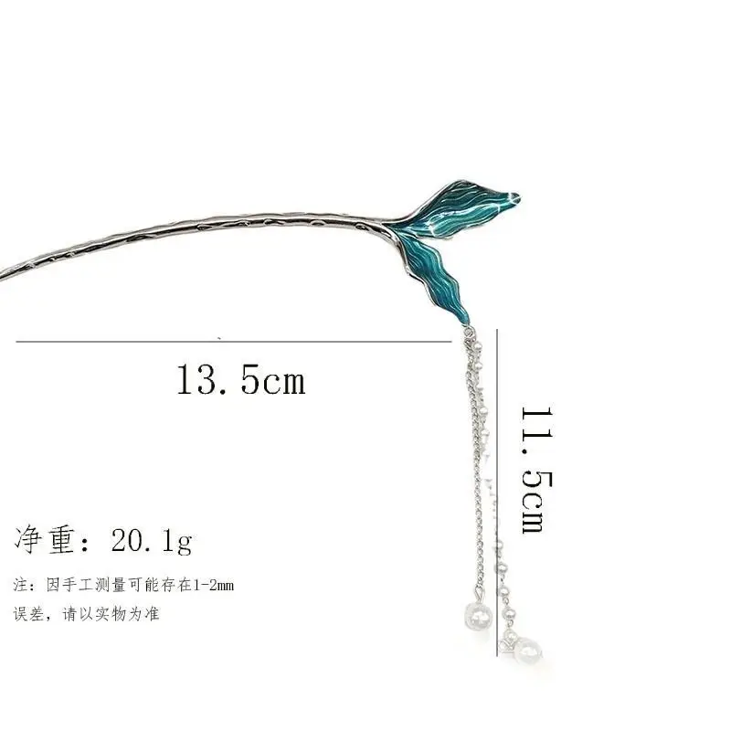 Chinese-style Blue Fish Tail Hairpin with Pearl Drop — feature 1