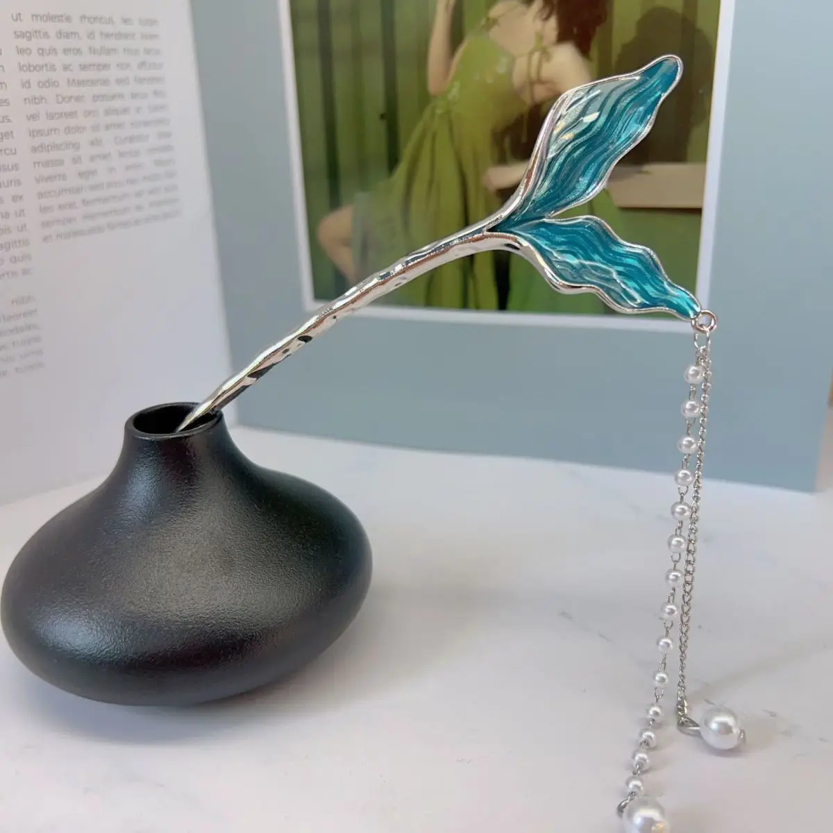 Chinese-style Blue Fish Tail Hairpin with Pearl Drop — feature 3