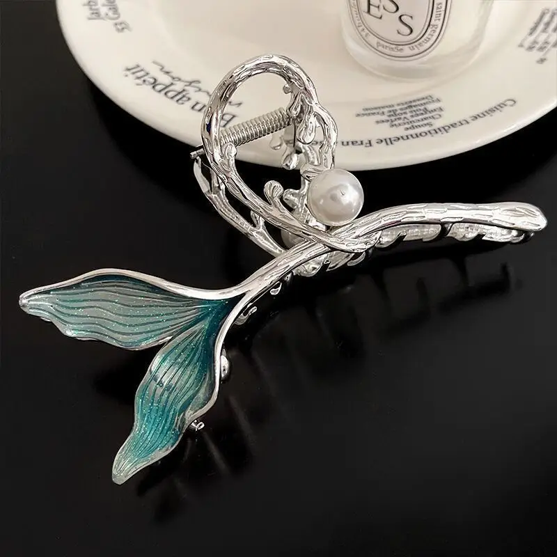 Chinese-style Blue Fish Tail Hairpin with Pearl Drop - Image 2