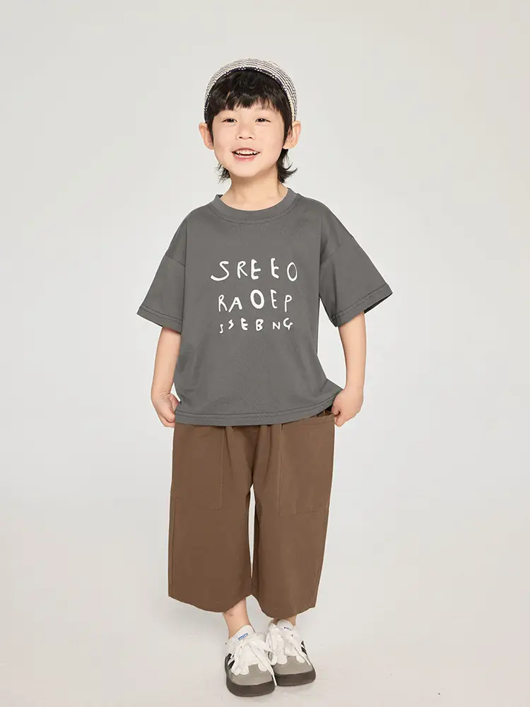 Kids Korean Style Grey T-Shirt Brown Pants Set - Image 3