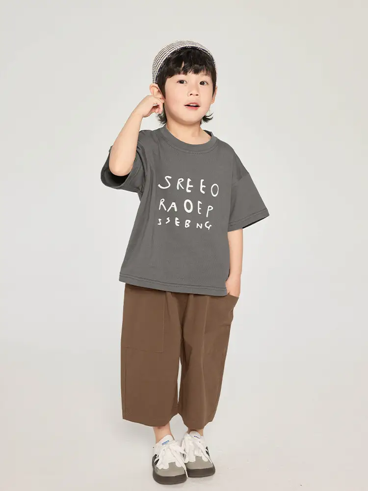 Kids Korean Style Grey T-Shirt Brown Pants Set - Image 4