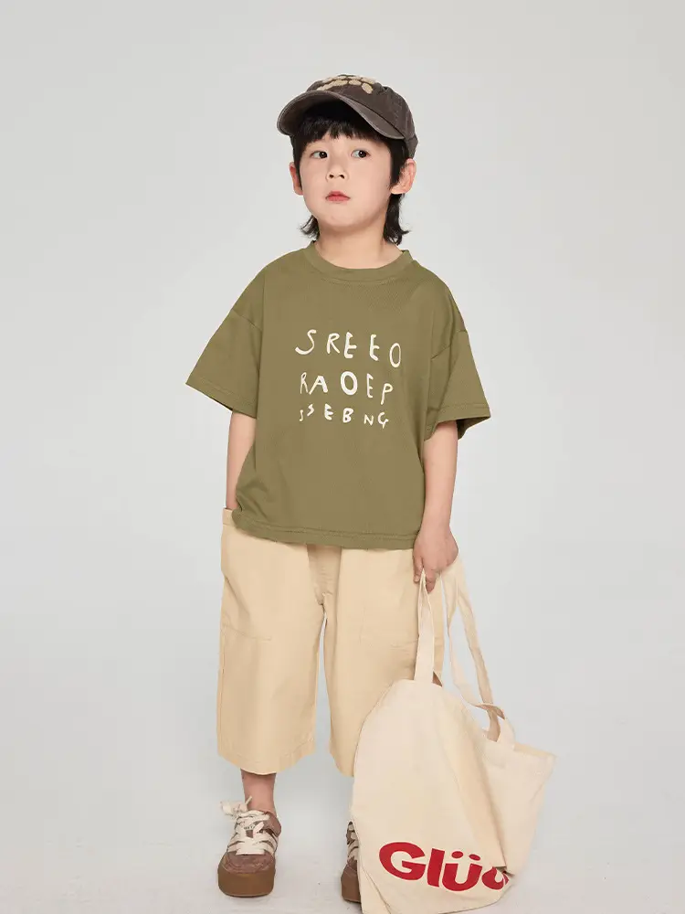 Kids Korean Style Grey T-Shirt Brown Pants Set - Image 6