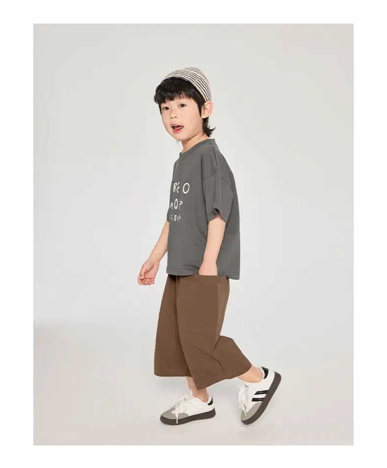 Kids Korean Style Grey T-Shirt Brown Pants Set — feature 11