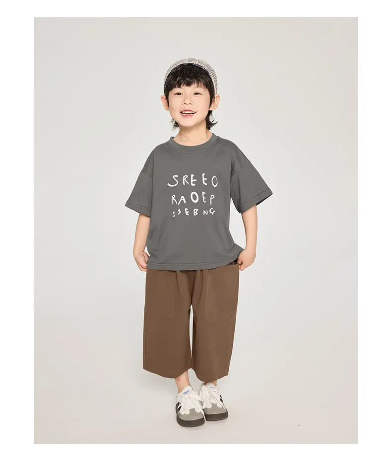 Kids Korean Style Grey T-Shirt Brown Pants Set — feature 12