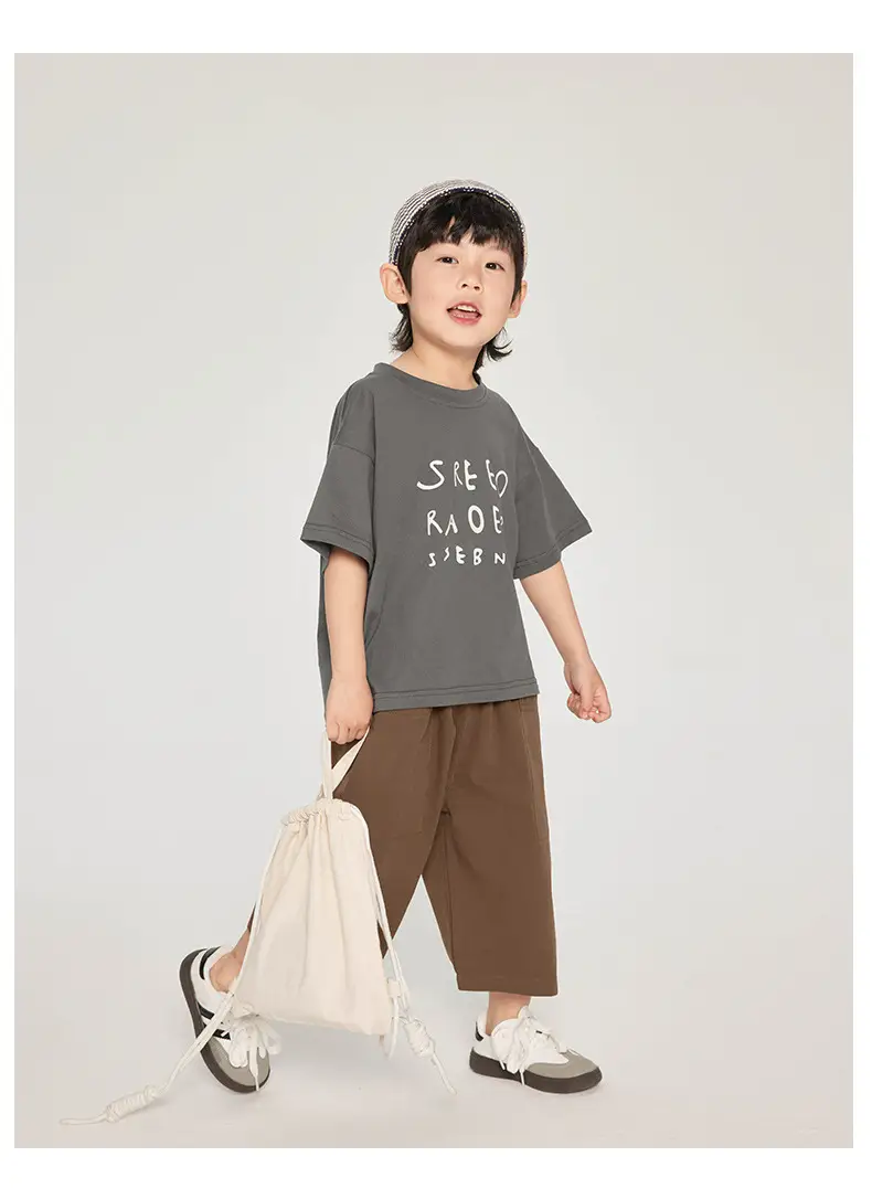 Kids Korean Style Grey T-Shirt Brown Pants Set — feature 13