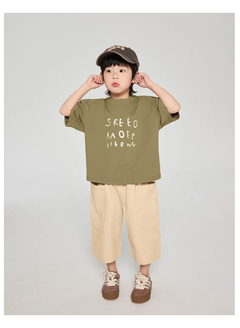 Kids Korean Style Grey T-Shirt Brown Pants Set — feature 19