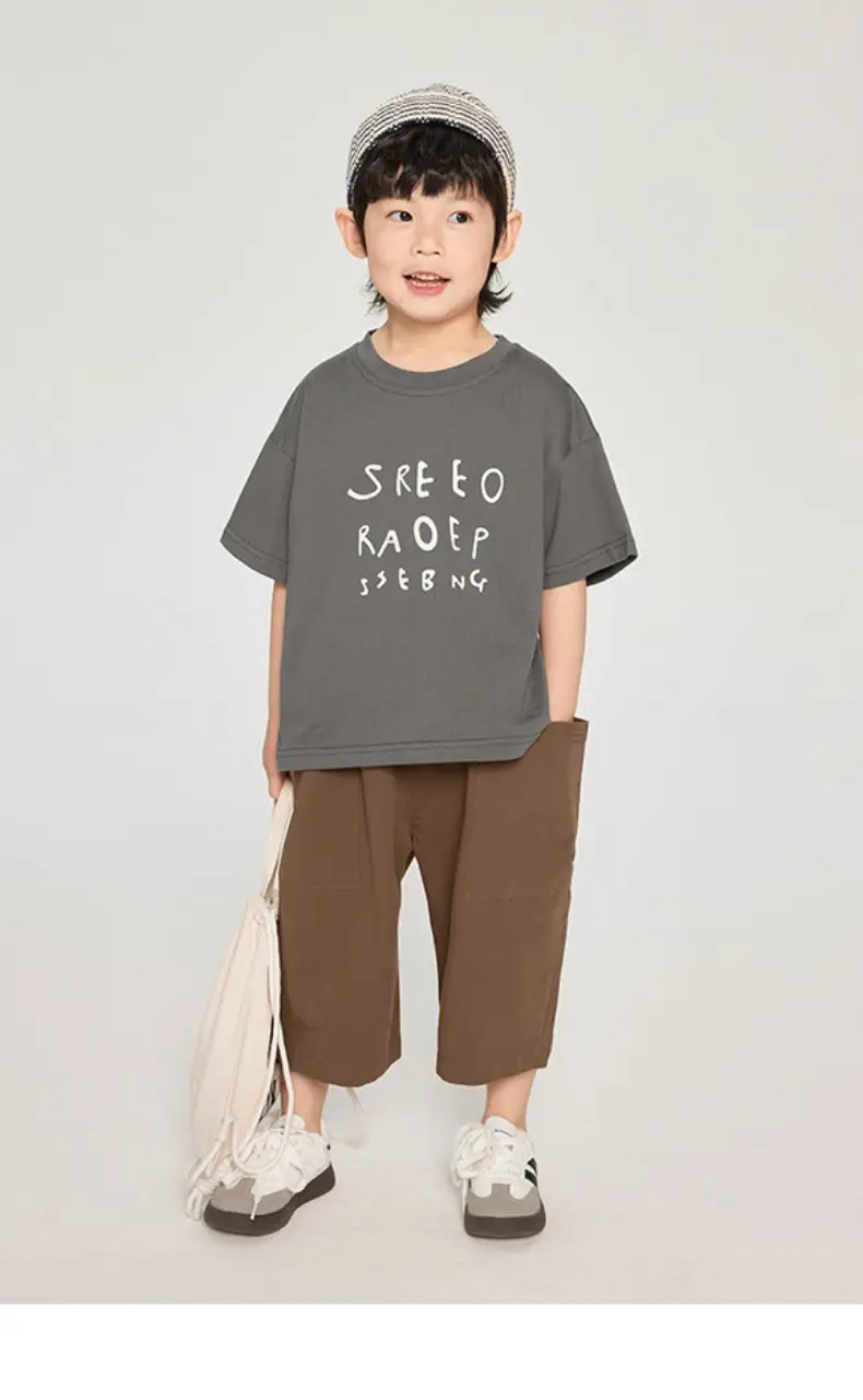 Kids Korean Style Grey T-Shirt Brown Pants Set — feature 2