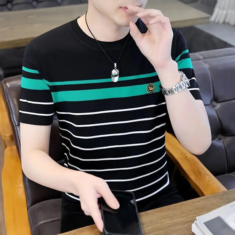 Men Striped Cotton T-Shirt White Green Half Sleeve — feature 10