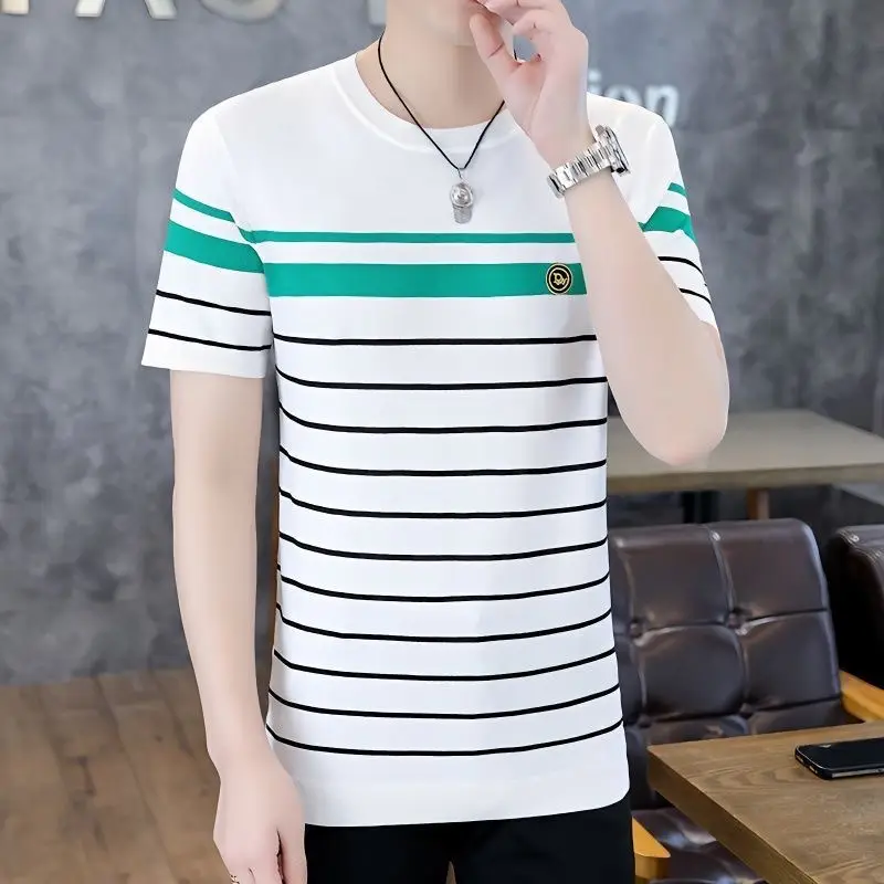 Men Striped Cotton T-Shirt White Green Half Sleeve — feature 2